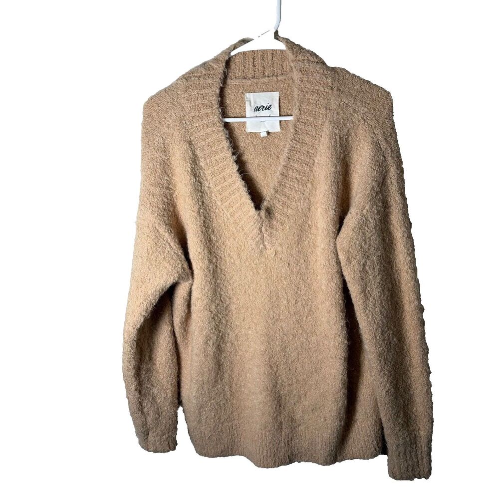 Aerie Sweater Women's Small V-Neck Teddy Plush Beige Pullover Knit Oversized